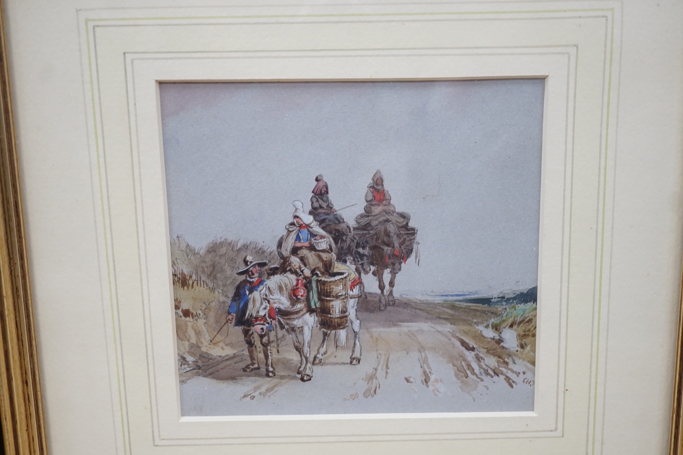 Charles Cooper Henderson (1803-1877), two watercolours, 'French peasants on a lane' and 'Stagecoach on a lane', monogrammed, 12.5 x 13.5cm and 13 x 25.5cm